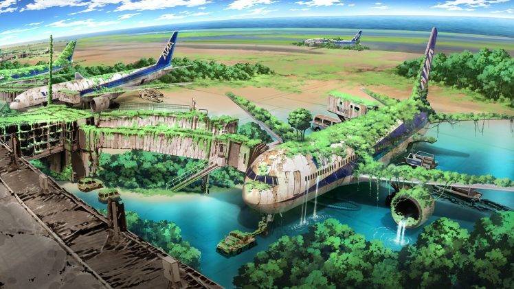 Apocalyptic Airplane Nature Anime Aircraft Drawing Wallpapers