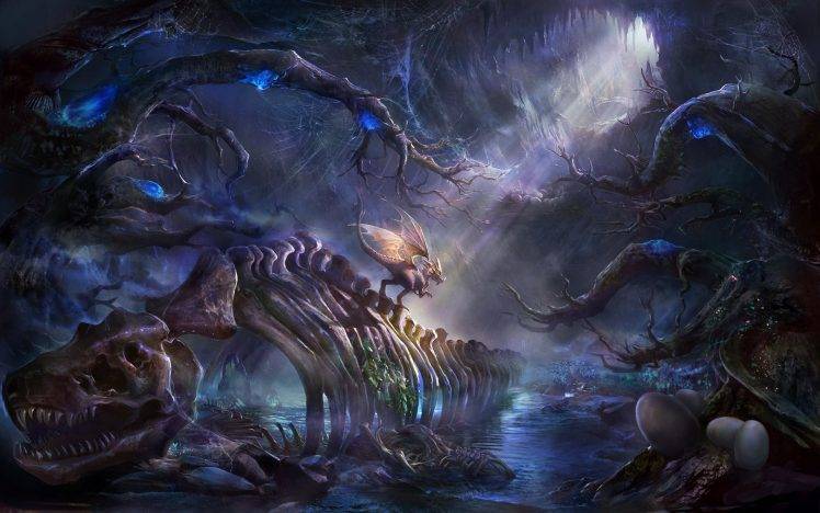 fantasy art, dragon, bones HD Wallpaper Desktop Background