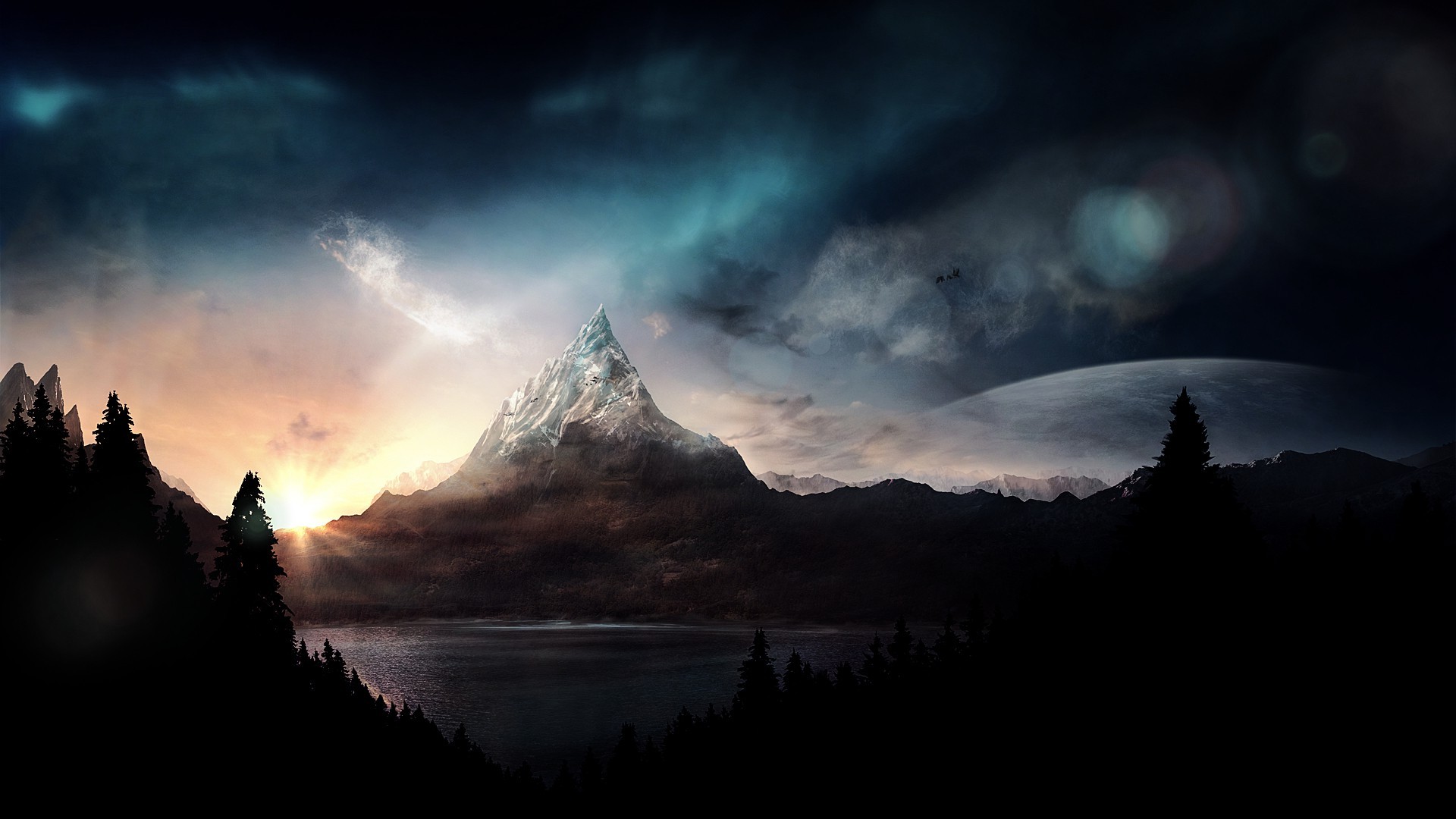 mountain, Forest, Digital Art Wallpaper