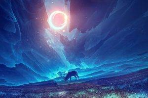 artwork, Concept Art, Fantasy Art, Elk, Sunlight, Field, Solar Eclipse