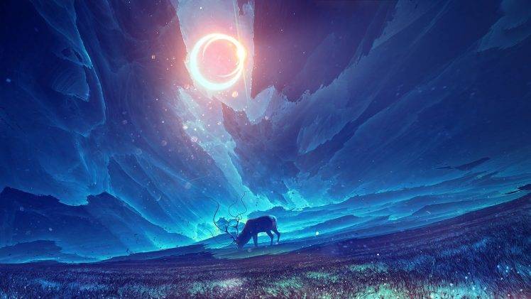 artwork, Concept Art, Fantasy Art, Elk, Sunlight, Field, Solar Eclipse HD Wallpaper Desktop Background
