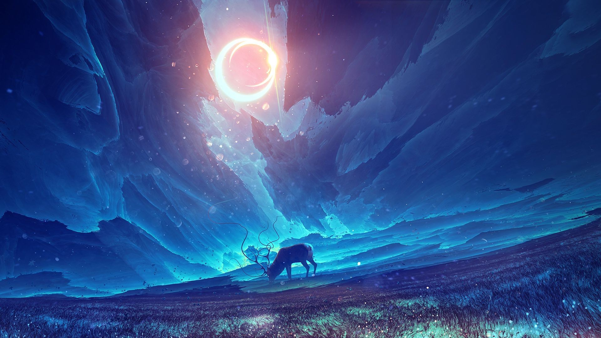 artwork, Concept Art, Fantasy Art, Elk, Sunlight, Field, Solar Eclipse Wallpaper