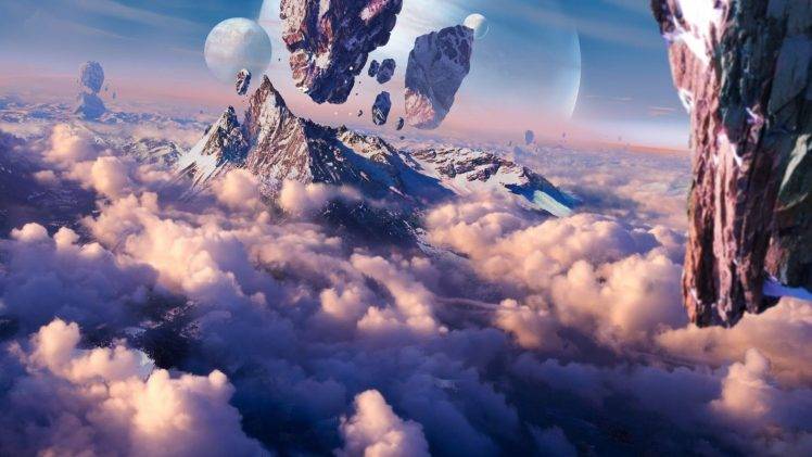 artwork, Fantasy Art, Concept Art, Mountain, Floating, Planet, Space HD Wallpaper Desktop Background