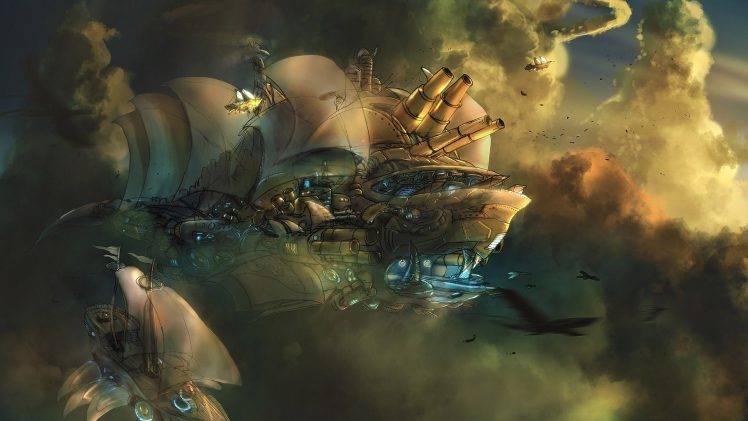 artwork, Fantasy Art, Concept Art, Steampunk, Aircraft, Clouds HD Wallpaper Desktop Background
