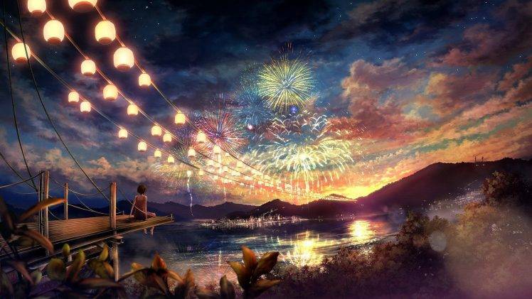 artwork, Concept Art, Women, Fireworks, Colorful, Lake HD Wallpaper Desktop Background