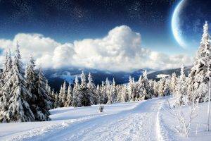 nature, Mountain, Snow, Clouds, Space, Planet
