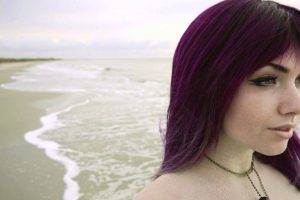 Veela, Sea, Sand, Clouds, Purple Hair, Women, Amateur