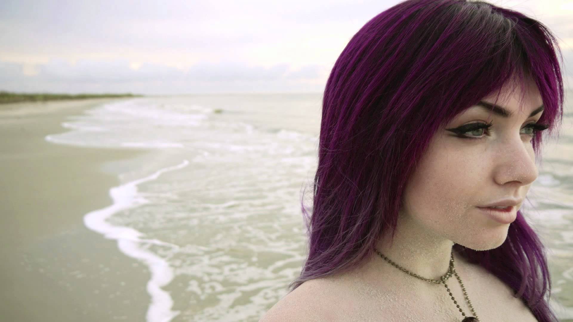 Veela, Sea, Sand, Clouds, Purple Hair, Women, Amateur Wallpaper