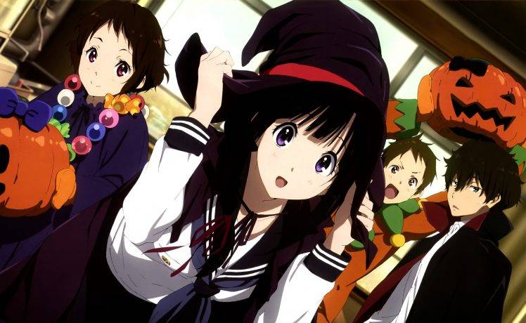 Hyouka, Halloween, Anime, Anime Girls, Anime Boys, Chitanda Eru, Fukube Satoshi, Ibara Mayaka, Oreki Houtarou, Purple Eyes, Dark Hair, Pumpkin HD Wallpaper Desktop Background