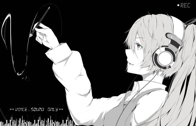 Vocaloid, Monochrome, Hatsune Miku, Headphones HD Wallpaper Desktop Background