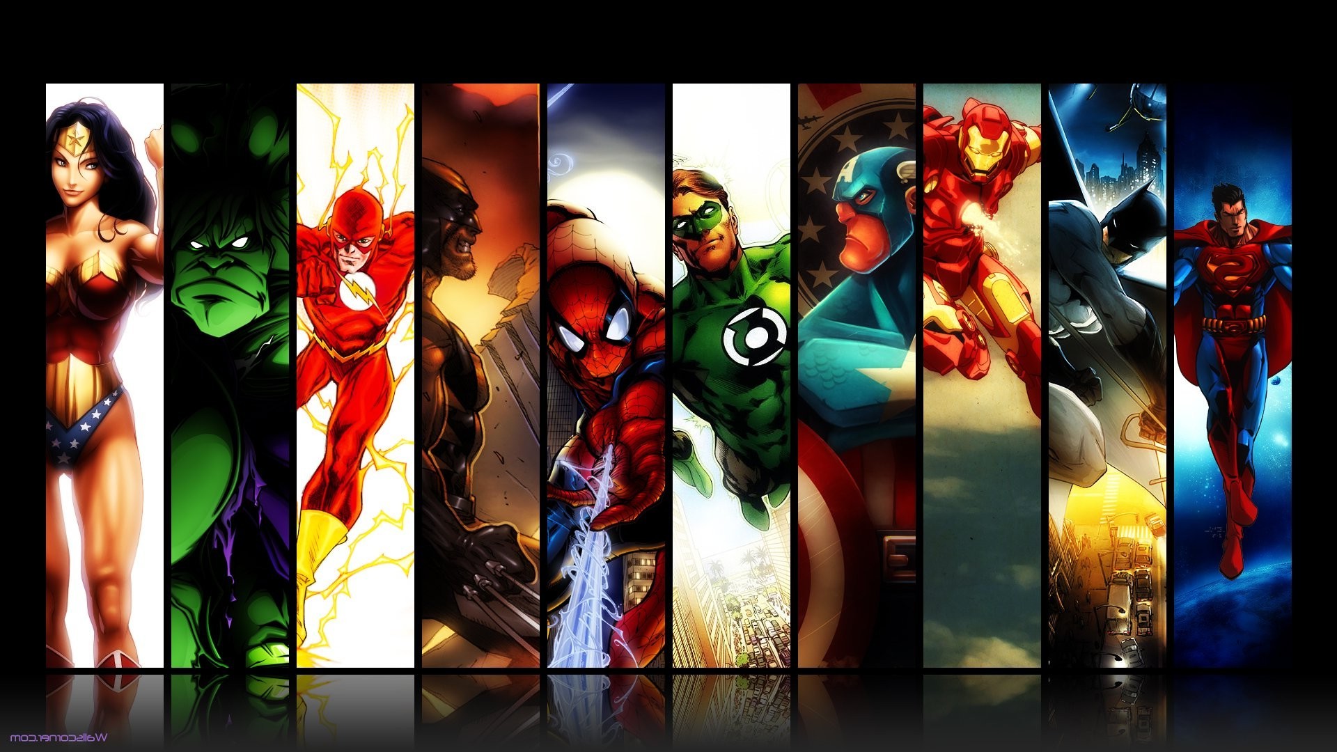 DC Comics, Batman, Iron Man, Spider Man, Green Lantern, Captain America, Wolverine, The Flash, Hulk, Wonder Woman Wallpaper