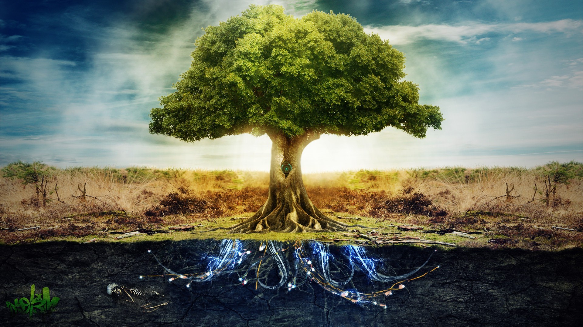 anime, Technology, Peace, Photo Manipulation, Electricity, Trees, Split View, Roots, Skeleton, Digital Art Wallpaper
