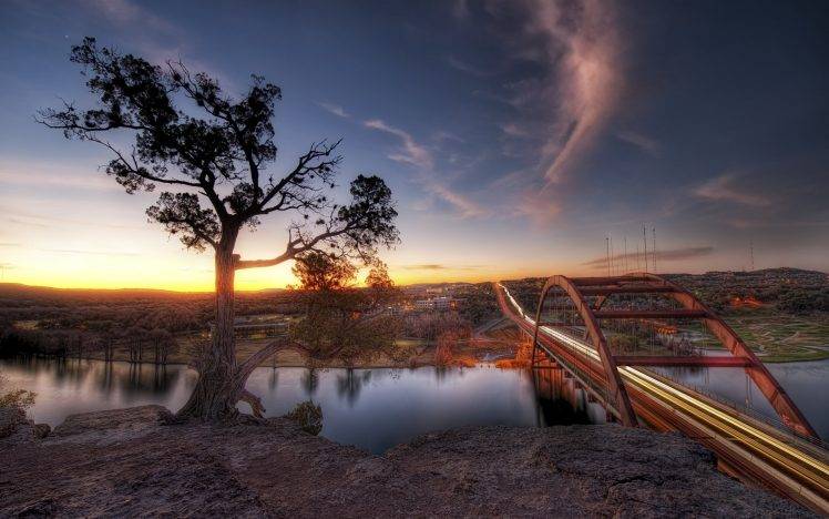 nature, HDR, Sunset, Bridge, River, Long Exposure HD Wallpaper Desktop Background