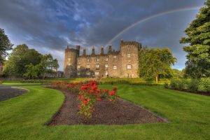 castle, Rainbows, Lawns, Red Flowers
