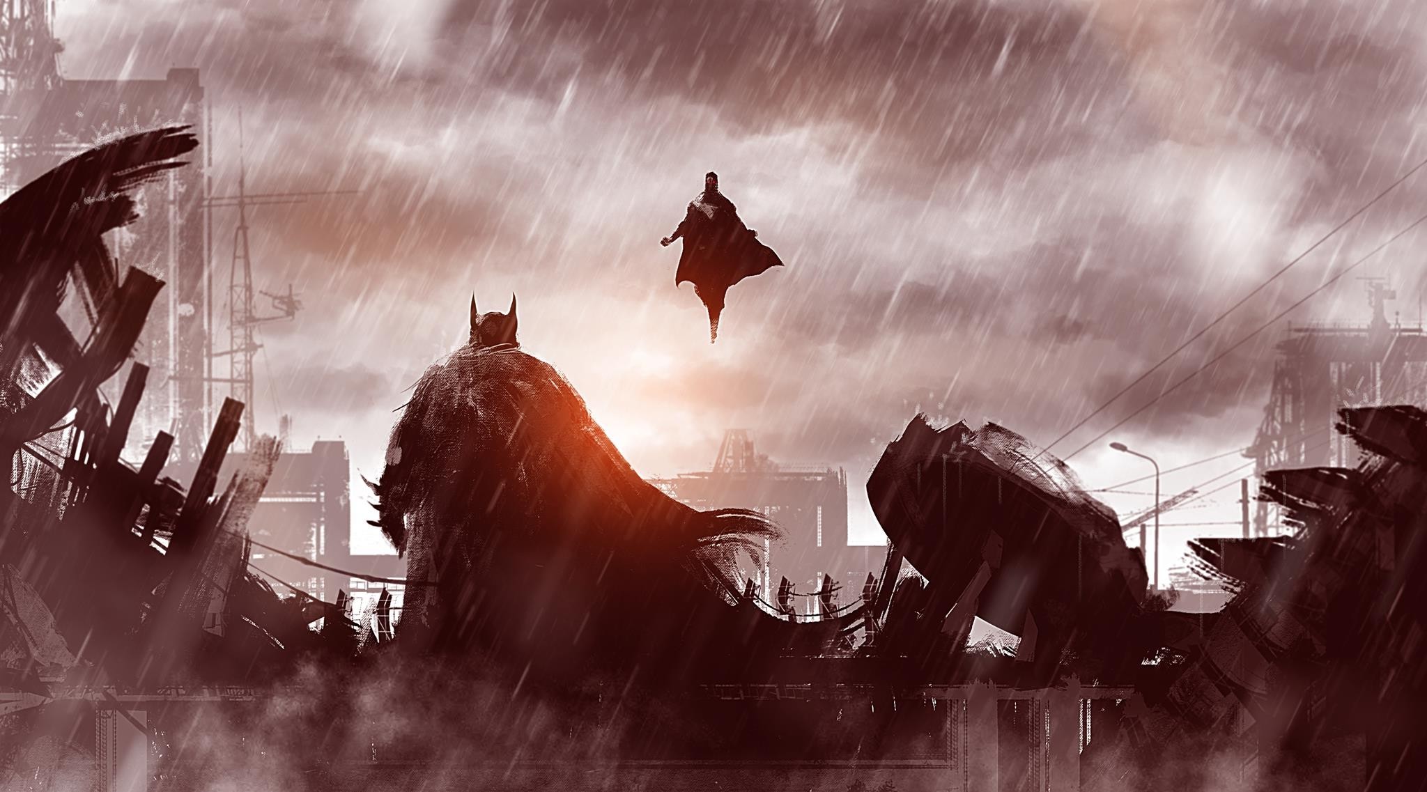 Batman, Superman, Rain Wallpaper