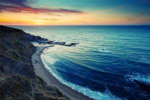 nature, Rock, Sea, Sunset