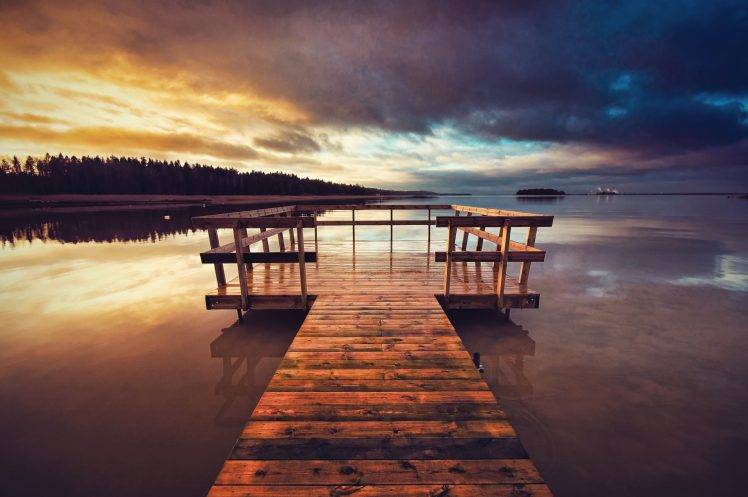 lake, Pier, Clouds, Sunset HD Wallpaper Desktop Background