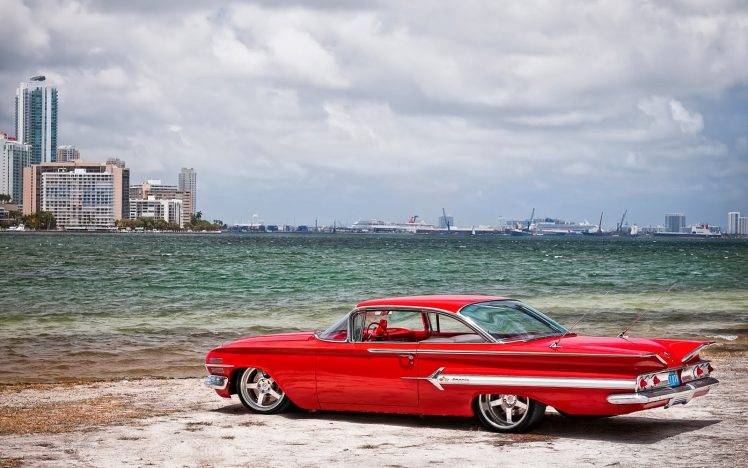car, 1960 Chevrolet Impala, Sea, Beach HD Wallpaper Desktop Background
