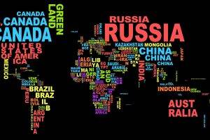map, Typography, Colorful, Dark, Black Background, World, Simple, Minimalism, Countries, Europe, Word Clouds