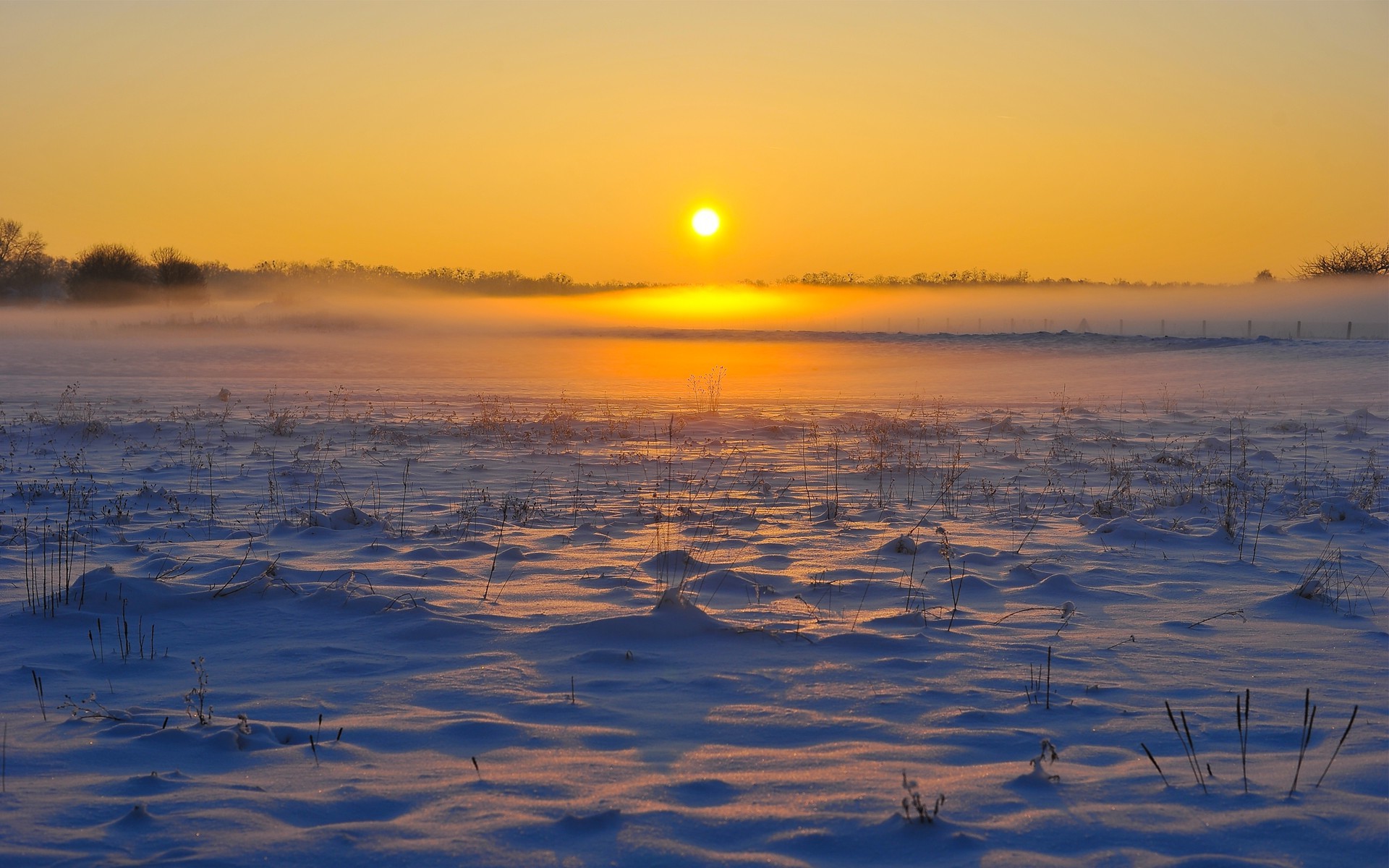 landscape, Snow, Sun, Mist Wallpaper