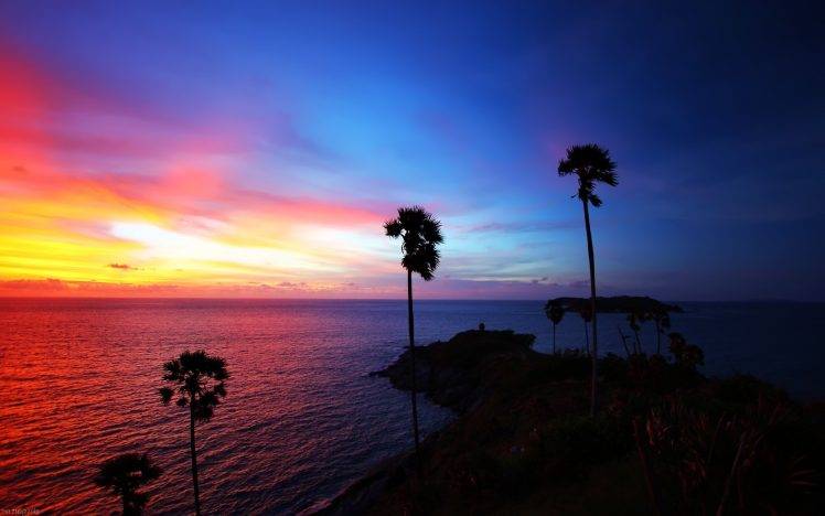 island, Sunset, Palm Trees, Landscape, Sea, Silhouette HD Wallpaper Desktop Background