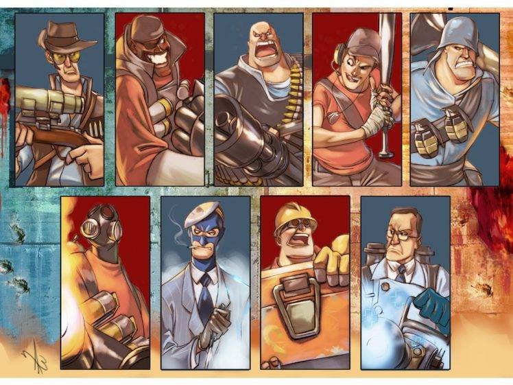 Team Fortress 2, Scout (character), Heavy, Demo Man, Sniper (TF2), Medic, Engineer (character), Spies, Pyro (character), Fire, Video Games HD Wallpaper Desktop Background