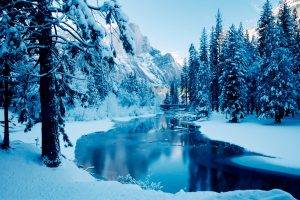 winter, River, Snow