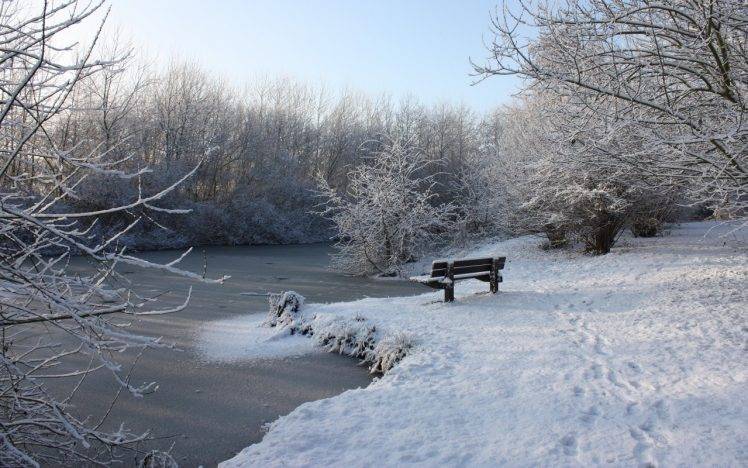 landscape, Nature, Snow, Trees, River, Ice, Bench HD Wallpaper Desktop Background