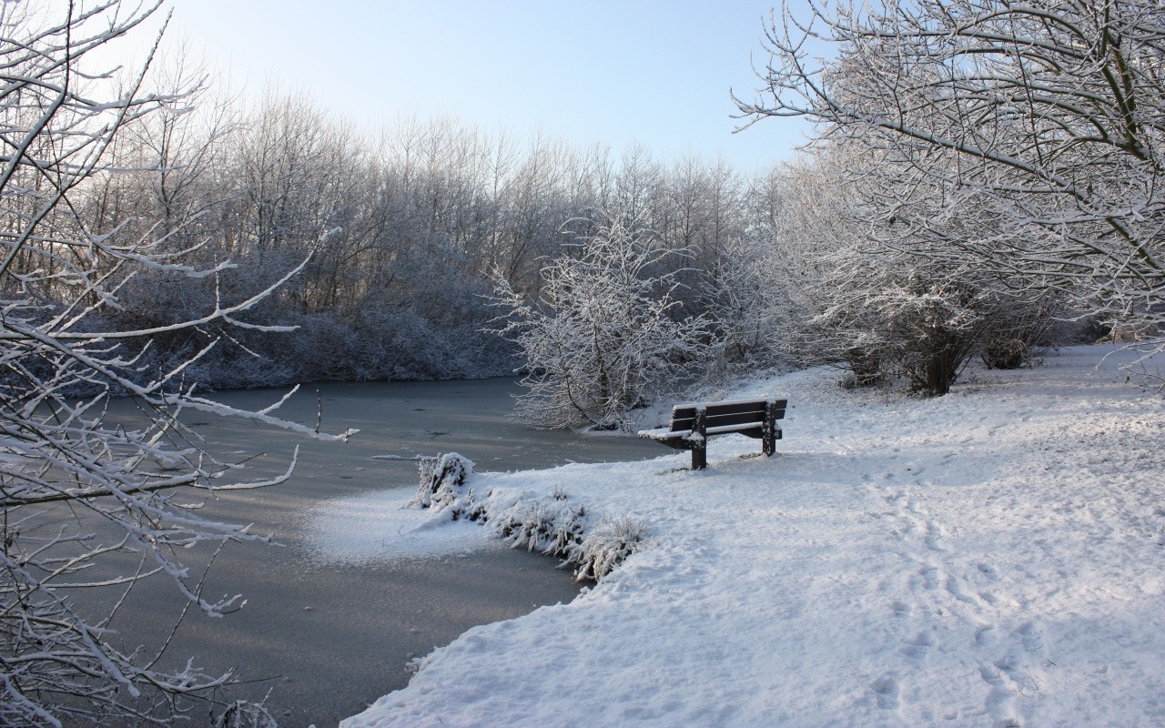 landscape, Nature, Snow, Trees, River, Ice, Bench Wallpaper