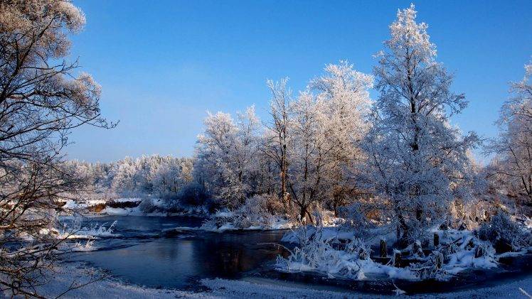 nature, Trees, Snow, River, Landscape HD Wallpaper Desktop Background
