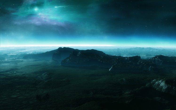 mountain, Space, Blue, Green, Grass, Shooting Stars, Stars, Aurorae HD Wallpaper Desktop Background