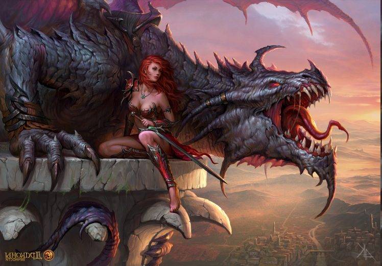 dragon, Sword, Women, Fantasy Art HD Wallpaper Desktop Background