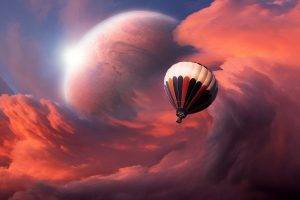 artwork, Fantasy Art, Hot Air Balloons, Clouds, Flying, Colorful, Planet