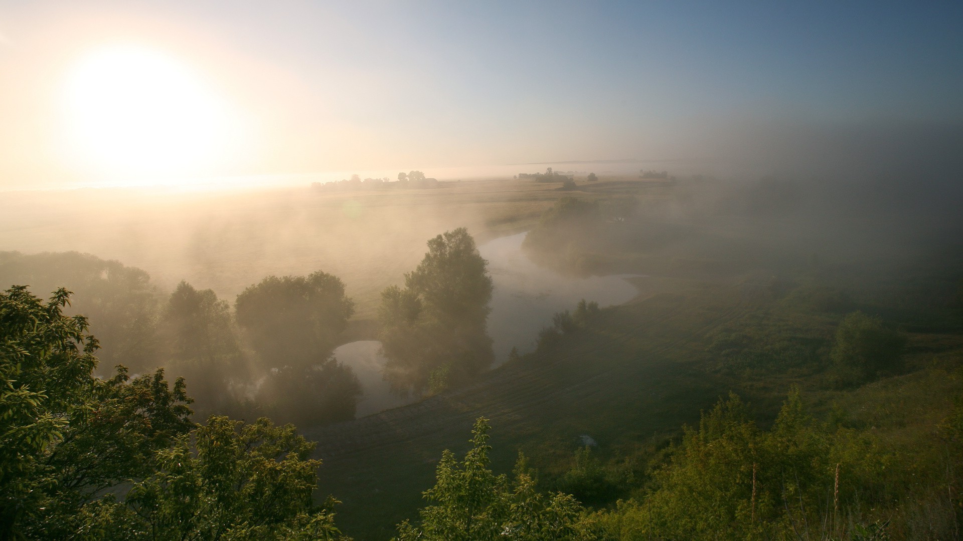 landscape, Field, River, Mist Wallpaper