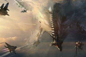 artwork, Fantasy Art, Dragon, Jets, War, Sky, Battle