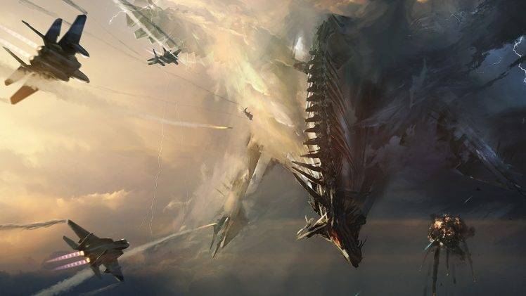artwork, Fantasy Art, Dragon, Jets, War, Sky, Battle HD Wallpaper Desktop Background