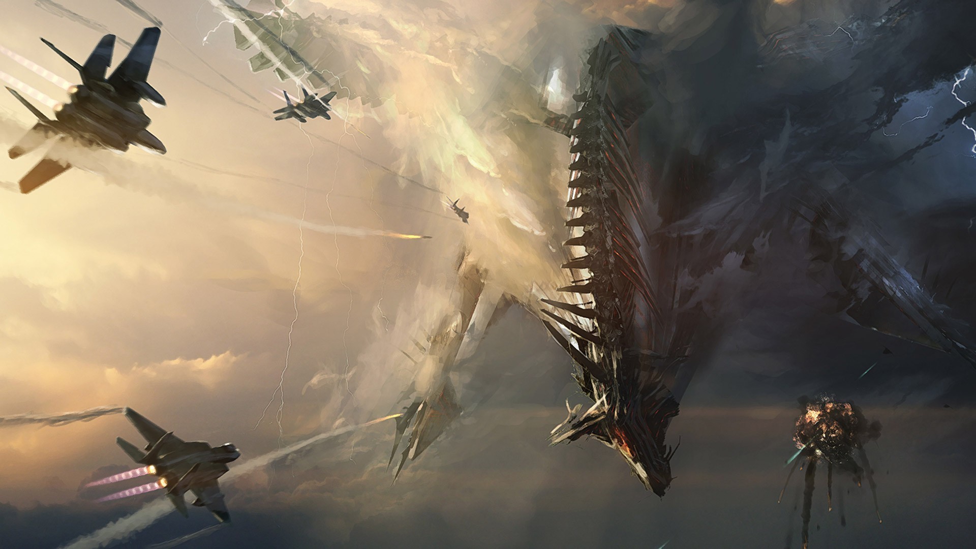 artwork, Fantasy Art, Dragon, Jets, War, Sky, Battle Wallpaper