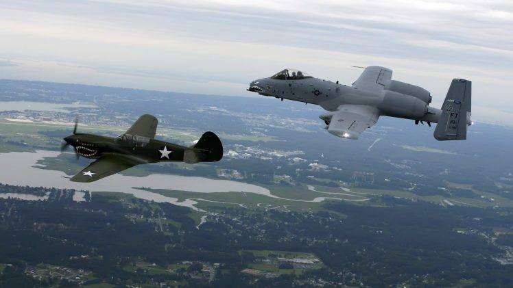 military Aircraft, Airplane, Jets, Curtiss P 40 Warhawk, Fairchild Republic A 10 Thunderbolt II HD Wallpaper Desktop Background
