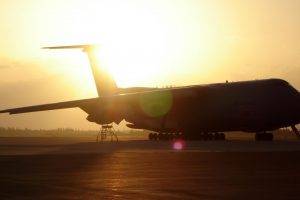 military Aircraft, Airplane, Jets, Silhouette, Lens Flare, Sunlight, Lockheed C 5 Galaxy