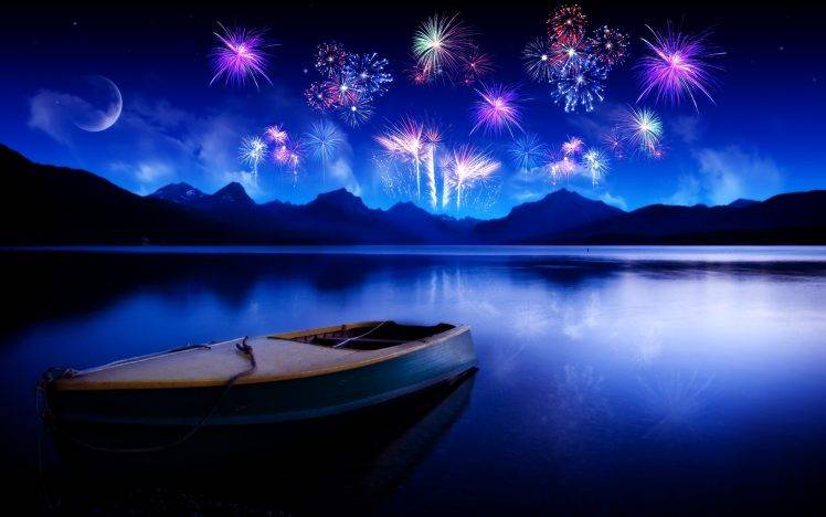 lake, Boat, Hill, New Year HD Wallpaper Desktop Background