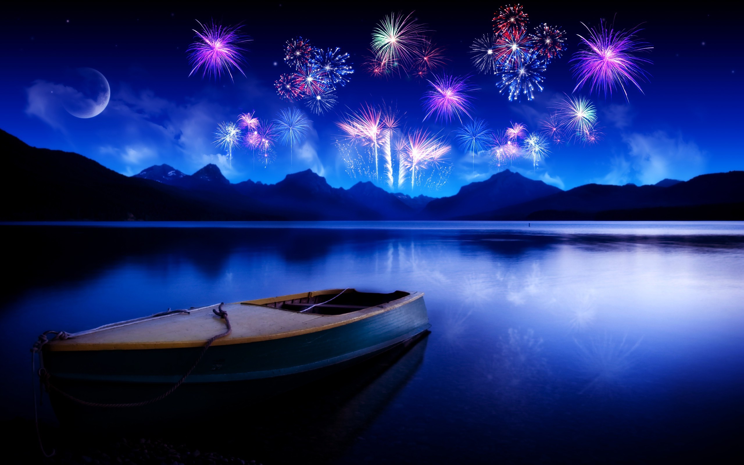 lake, Boat, Hill, New Year Wallpaper