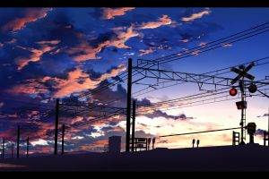 anime, Train Station, Power Lines, Clouds, Traffic Lights, Railway Crossing, Utility Pole