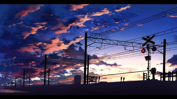anime, Train Station, Power Lines, Clouds, Traffic Lights, Railway Crossing, Utility Pole HD Wallpaper Desktop Background