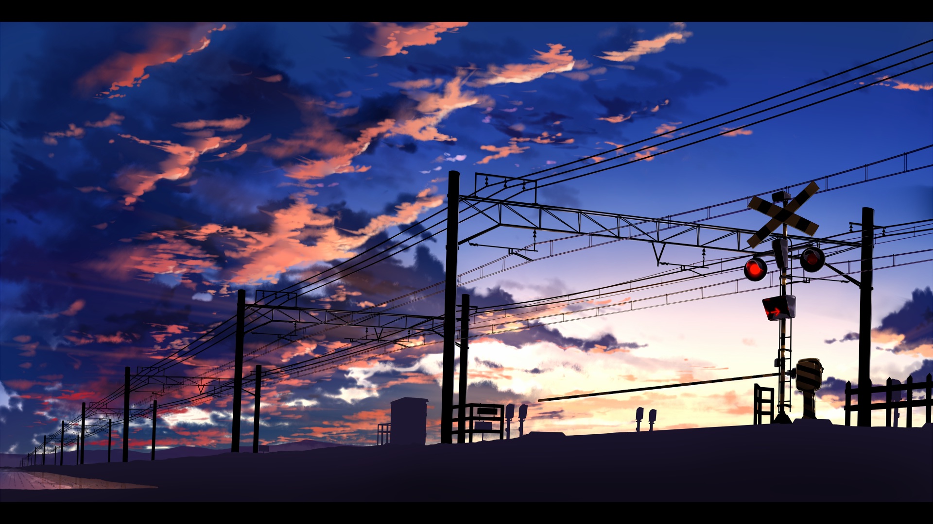 anime, Train Station, Power Lines, Clouds, Traffic Lights, Railway