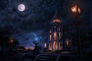 night, Cityscape, City, Moon, Fantasy Art, Church