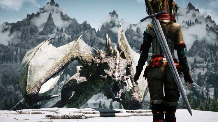 dragonborn, The Elder Scrolls, The Elder Scrolls V: Skyrim, Women, Dragon, 3D, Screenshots HD Wallpaper Desktop Background