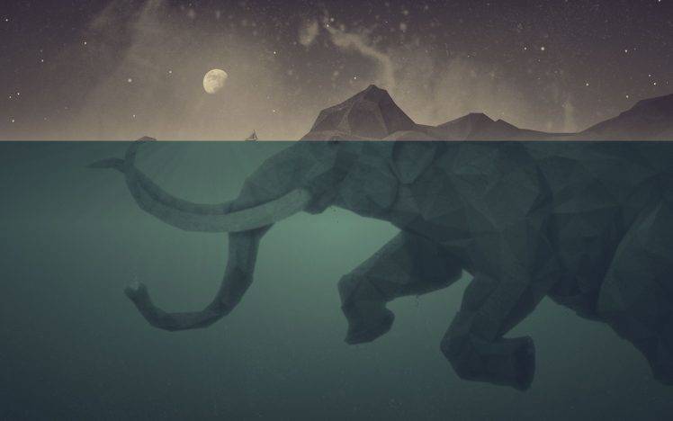 mammoths, Underwater, Artwork, Moon, Split View, Boat, Low Poly, Elephants, Sea, Water, Fantasy Art HD Wallpaper Desktop Background