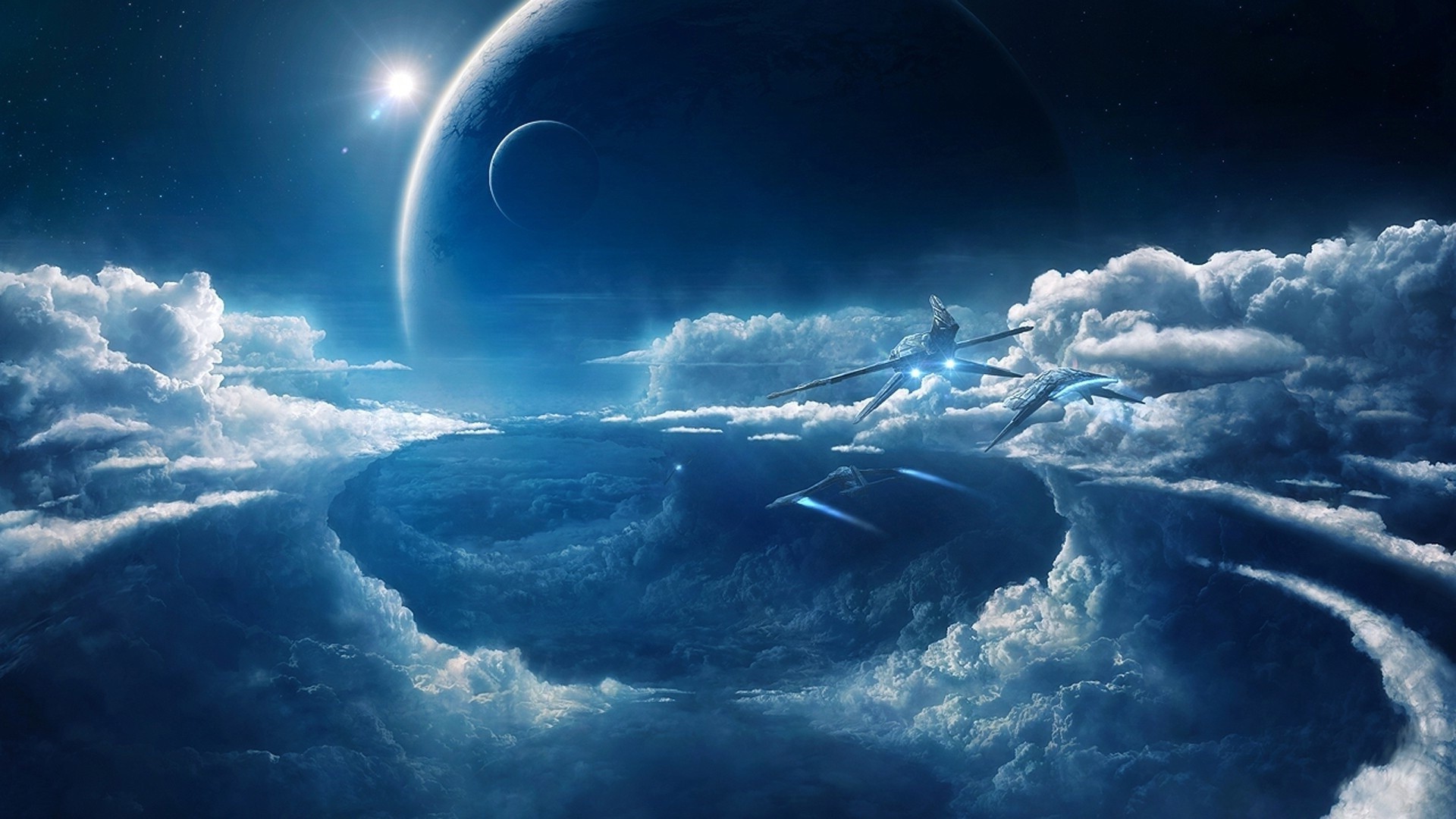clouds, Space, Ship, Blue, Spaceship Wallpaper