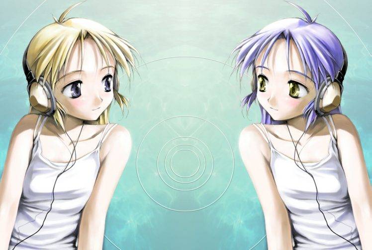 music, Headphones, Anime Girls, Purple Hair, Blonde, Yellow Eyes, Purple Eyes HD Wallpaper Desktop Background