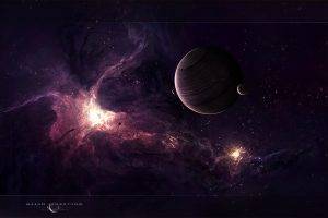 space, Planet, Moon, Nebula, Purple